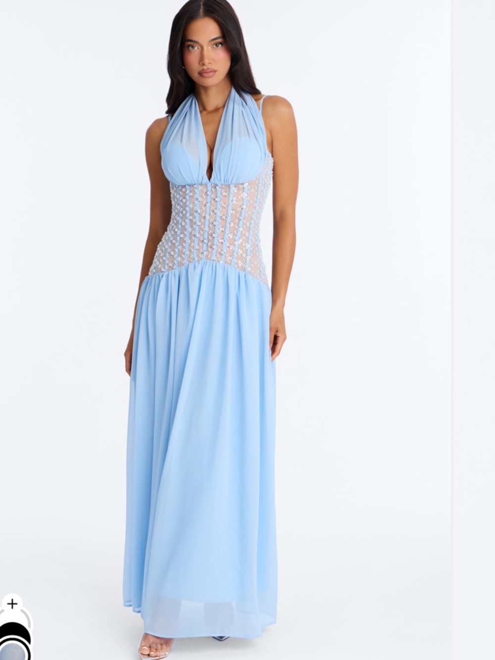 Fashion Nova Light Blue Halter Maxi Dress with Beaded Mesh